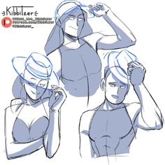 three different poses of a woman with her hand on her head