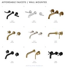 various faucets and wall mounted fixtures in different styles, sizes and colors for bathroom decor