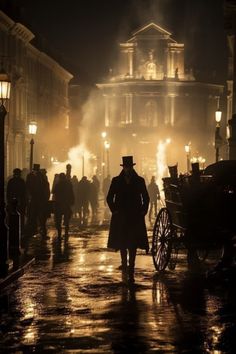 a man in a top hat and coat walking down the street at night with his horse drawn carriage