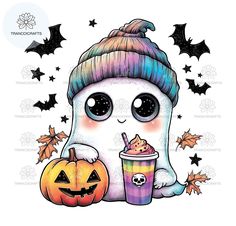 a drawing of a ghost holding a drink and pumpkins