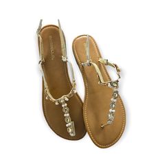 Marbella Gold Embellished Sandals Size: 11 Brand: Marbella Puma Sandals, Tory Burch Sandal, Mia Sandals, Coach Flip Flops, Bronze Sandals, Arch Support Sandals, Supportive Sandals, Brown Leather Wedges, Pearl Sandals