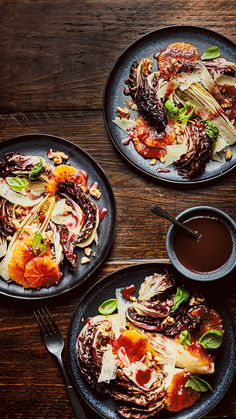 Bowls of grilled radicchio salad with blood orange, manchego and sour cherry molasses dressing on the side Grilled Radicchio, Radicchio Salad, Sour Cherry, Ginger And Honey