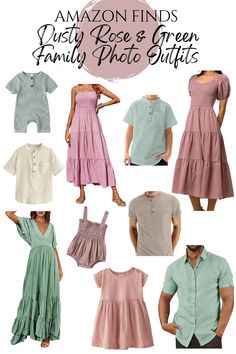 many different types of dresses and shirts with the words amazon finds dusty rose's green family