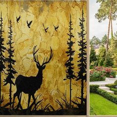 two pictures one with a deer and the other has birds flying over trees in it