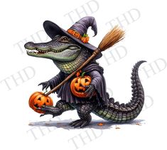 a cartoon alligator dressed as a witch with two pumpkins and a broom in its paws