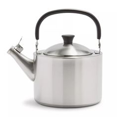 a stainless steel tea kettle with a black handle