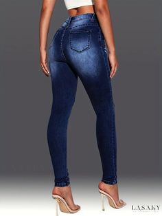 Lasaky - Versatile Womens Denim Pants: Blue Slim Fit High-Stretch Skinny Jeans with Ripped Holes and Slant Pockets Fitted Ripped Medium Wash Bottoms, Fitted Medium Wash Ripped Bottoms, Mid-rise Ripped Denim Blue Bottoms, Mid-rise Ripped Denim Bottoms, Ripped High Rise Stretch Bottoms, Mid-rise Ripped Blue Bottoms, High Rise Stretch Ripped Bottoms, High Waist Ripped Stretch Bottoms, Stretch High Rise Ripped Bottoms