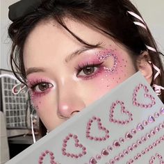 Super Cute And Stylish Ships In 5-10 Business Days Concert Makeup Looks Hooded Eyes, Eye Makeup Painting, Pink Eye Makeup Festival, Pink And Black Rave Makeup, Baddie Pink Makeup, Pink Eye Makeup With Gems, Pink Sparkly Makeup Looks, Halloween Creative Makeup, Heart Makeup Ideas