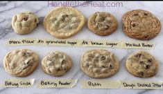 chocolate chip cookies are arranged in rows on a marble counter top, labeled with the names of each cookie