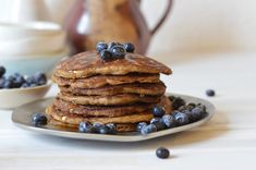 a stack of pancakes with blueberries on a plate