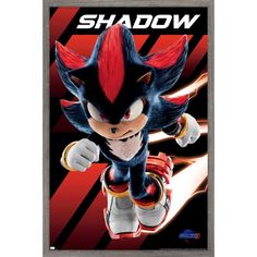 sonic the hedgehog poster with red and black stripes on it's back side