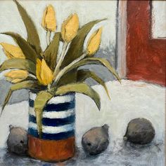 a painting of yellow flowers in a blue and white striped vase on a table with rocks