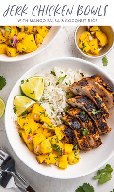 a white bowl filled with chicken and mango salsa next to two small bowls of rice