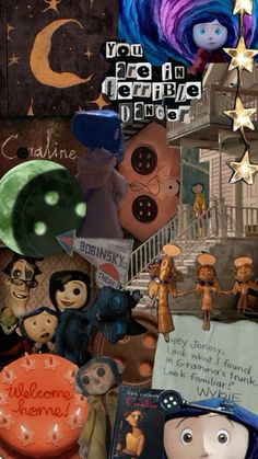 a collage of various cartoon characters and words