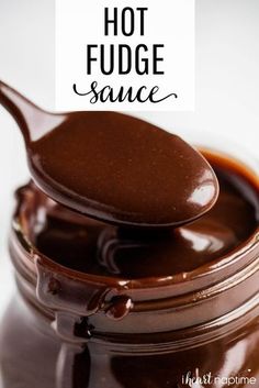 a spoon full of hot fudge sauce with the words hot fudge sauce above it