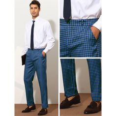 The houndstooth pattern suit pants with pockets are classic, gentle, and charming. Different from ordinary plaid pants, these pants have a houndstooth pattern design that is more fashionable. She was paired with suit shirts, polo shirts, blazers, belts, ties, and leather shoes to create a business style. Perfect for formal occasions such as wedding, dates, office work, proms, parties, etc. Classic Houndstooth Pants For Business Casual, Business Casual Houndstooth Tapered Leg Bottoms, Classic Formal Houndstooth Pants, Classic Houndstooth Formal Pants, Tapered Leg Houndstooth Bottoms For Business Casual, Tapered Leg Houndstooth Pattern Bottoms For Business Casual, Business Casual Tapered Leg Houndstooth Pants, Wedding Dates, Slim Fit Chino Pants