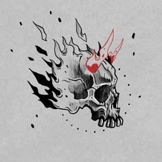 a drawing of a skull with flames coming out of it