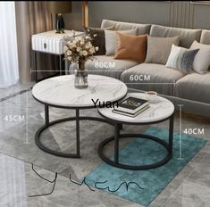 the coffee table is shown with measurements for each item in front of it and on the floor