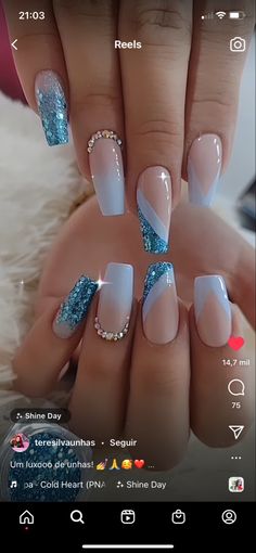 White Sparkle Nails, Blue Wedding Nails, Ongles Gel French, Sparkle Nail Designs, French Tip Gel Nails, New Years Nail Designs, Sweater Nails, Blue French, Blue Nail Designs