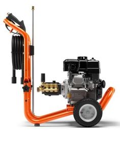 the small engine is attached to an orange cart with two hoses on each side