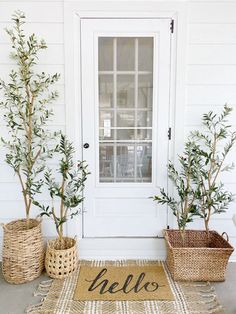 three potted trees sitting next to a door with hello written on the mat in front