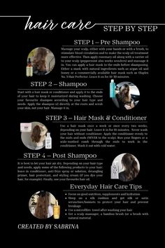 Hair Care Guide | Step By Step | Kerastase | Maroccan Oil | Mielle | Gisou | Redeken | Color Wow | Viral Hair Care | Olaplex | Hair Care Wishlist | Sephora Wish List  Step 1: Massage your scalp, apply rosemary oil, hair mask to the ends with argan oil and honey or a hair mask such as Olaplex No. 3 Hair Perfector Step 2: hair mask or conditioner, shampoo for your hair type and needs Step 3: Hair mask once a week or once every two weeks. Never wash your hair without conditioner wash out with cold water Step 4: Air dry, Leave-in conditioner, anti-frizz spray or solution, detangling primer, hair protectant, styling cream, favourite hair oil  Step 5: Eat well, take supplements, stay hydrated, silk pillow, microfibre towel, scalp massager Olaplex No 3, Oil Hair Mask, Short Dyed Hair, Korean Skin Care Secrets, Diy Skin Care Routine