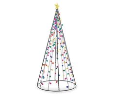 a metal christmas tree with multicolored lights on it's sides and a star above the top