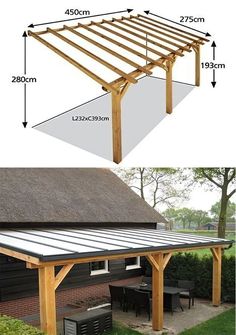 an image of a covered patio area with measurements for the roof and sidewalls