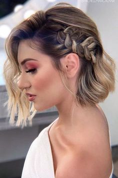 Short Hairstyles Formal Classy, Angled Bob Updo, Bob Hairstyles For Event, Crimped Medium Hair, Short Hairstyles For Wedding The Bride, Hairstyle For Bob Cut, Half Up Half Down Bridesmaid Hair Short, Short Hair Evening Styles, Medium Length Hair Styles For Wedding