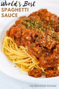 spaghetti with meat sauce and parsley on top in a white bowl, ready to be eaten