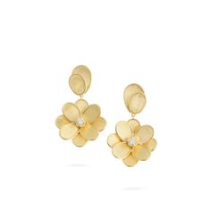 Marco Bicego Jewelry - LUNARIA PETALI 18K YELLOW GOLD DIAMOND FLOWER DROP EARRINGS | Manfredi Jewels Marco Bicego Jewelry, Yellow Gold Diamond Earrings, Flower Silhouette, Engraved Flower, Flower Drop Earrings, Marco Bicego, Gold Diamond Earrings, Colored Gems, Single Flower