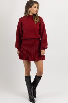 Red Skirt Cream Sweater, Fitted Red Pleated Skirt, Red Knit Skirt, Red Knitted Acrylic Sweater, Red Knitted Sweater Dress, Black Suede Dress, Red Sweater Outfit, Sweater Skirt Set, Skort Dress