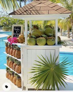 an outdoor fruit stand with pineapples, coconuts and other fruits on it