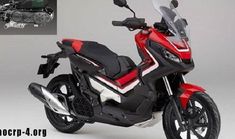 a red and black motorcycle parked next to a white background with the words honda on it