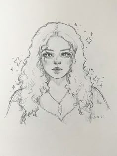 a drawing of a woman's face with stars on her head and long curly hair