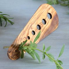 a wooden instrument with four holes in the middle and green leaves around it on a table