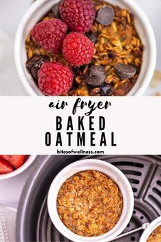 an air fryer with baked oatmeal and raspberries in it