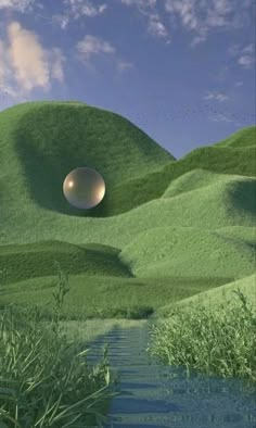 an image of a green landscape with a white ball floating in the air over water