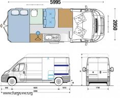 the floor plan for a camper van with its door open and side doors closed