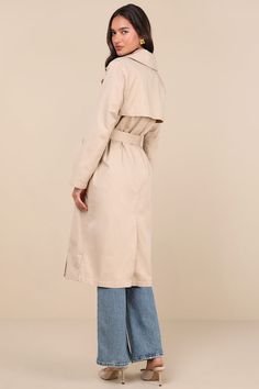 Our favorite weather is whenever we can style the Lulus Fave Forecast Beige Twill Trench Coat! Sturdy woven twill shapes this classic coat that has long sleeves and a collared neckline with notched lapels. Double-breasted silhouette secures with two functional buttons, with belt loops and a sash belt for a customizable fit. Side welt pockets complete the look. Fit: This garment fits true to size. Length: Size medium measures 47.50" from shoulder to hem. Bust: Great for any cup size. Waist: Loose Casual Beige Long Sleeve Raincoat, Beige Long Sleeve Raincoat With Pockets, Beige Trench Coat Aesthetic, Beige Long Sleeve Raincoat, Light Beige Trench Coat, Sash Belts, Classic Coats, Trench Coats Women, Double Breasted