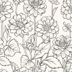 black and white floral pattern with flowers on a beige background, seamless wallpaper