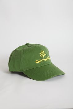 100% Cotton Baseball Cap, made in China One size Embroidered in San Francisco. Original design by Gravel & Gold Vintage Green Dad Hat With Curved Bill, Green Adjustable Dad Hat With Embroidered Logo, Vintage Curved Visor Summer Hat, Green Hat With Embroidered Logo And Curved Brim, Adjustable Green Hat With Embroidered Logo, Vintage Baseball Cap With Curved Visor For Spring, Vintage Baseball Cap With Curved Visor, Trendy Green Hat With Embroidered Logo, Green Curved Brim Baseball Cap For Summer