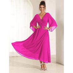 Mujer Gasa Plano Volante Trenzado Escote en Pico manga acampanada Vestido maxi Elegante Invitado a la boda Fiesta de Cóctel Manga 3/4 Verano 2024 - $39.99 Summer Party Ruched Chiffon Dress, Elegant Ruched Chiffon Summer Dress, Elegant Ruched Chiffon Dress For Summer, Spring Evening Ruched Chiffon Dress, Flowy Ruched Chiffon Party Dress, Spring Party Ruched Chiffon Dress, Spring Party Chiffon Dress With Ruched Detail, Flowy Ruched Chiffon Dress For Party, Summer Chiffon Dress With Ruched Bodice For Party