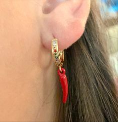 Gold Plated hoops earrings Cubic Zirconia Red Chili Hoops Earrings, Red Chili, Ear Cuff, Chili, Cubic Zirconia, Gold Plate, Hoop Earrings, Plating, Drop Earrings