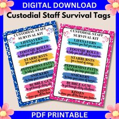 two colorful printable survival tags with hearts and flowers on them, in front of a blue