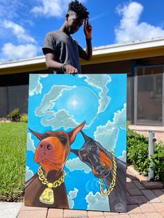 a man standing in front of a painting of two dogs on a blue sky background