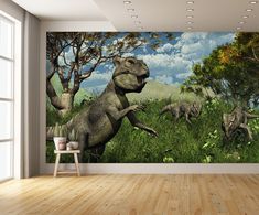 an image of dinosaurs in the wild with trees and grass wall mural decal