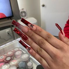 Red Glam Nails, Faded Nails, Red Nails Glitter, Red Acrylic Nails, Blue Acrylic Nails, White Acrylic Nails, Cute Acrylic Nail Designs, Glow Nails