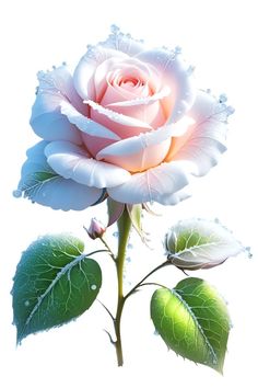 a white rose with green leaves and water droplets on it's petals, in front of a white background