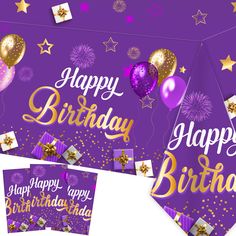 PRICES MAY VARY. LARGE SIZE: You will receive 3pcs purple and gold happy birthday tablecloths! It is 43x70 inches, large enough to fit most tables. CREATIVE DESIGN: This birthday tablecloth is purple and gold themed with balloons, fireworks, gift boxes, "Happy Birthday" words and more. Colorful and full of energy, you can use this plastic table covers to decorate your dining table to bring joy and happiness to your family and friends. PREMIUM MATERIAL: The purple gold birthday tablecloth is made Purple Gold Birthday, Purple And Gold Birthday, Happy Birthday Words, Gold Birthday Decorations, Table Cloth Decorations, Gold Birthday Party, Party Table Cloth, Plastic Table Covers, Picnic Party